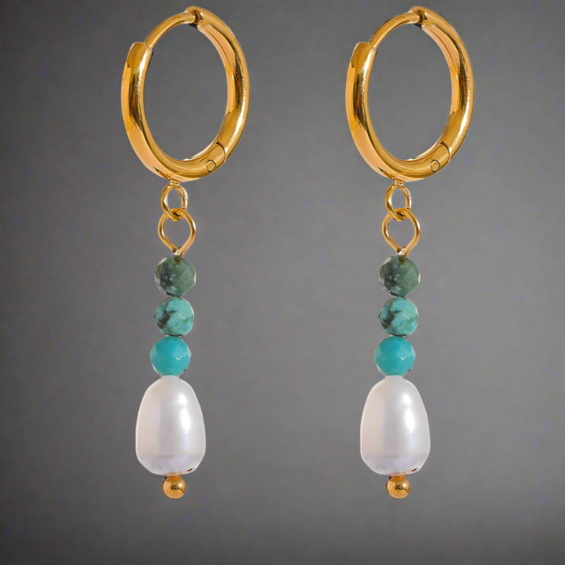 shell earrings- gold pearl earrings-Turquoise Hoop-  Pearl Drop Earrings-shell jewelry