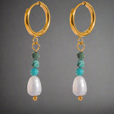shell earrings- gold pearl earrings-Turquoise Hoop-  Pearl Drop Earrings-shell jewelry