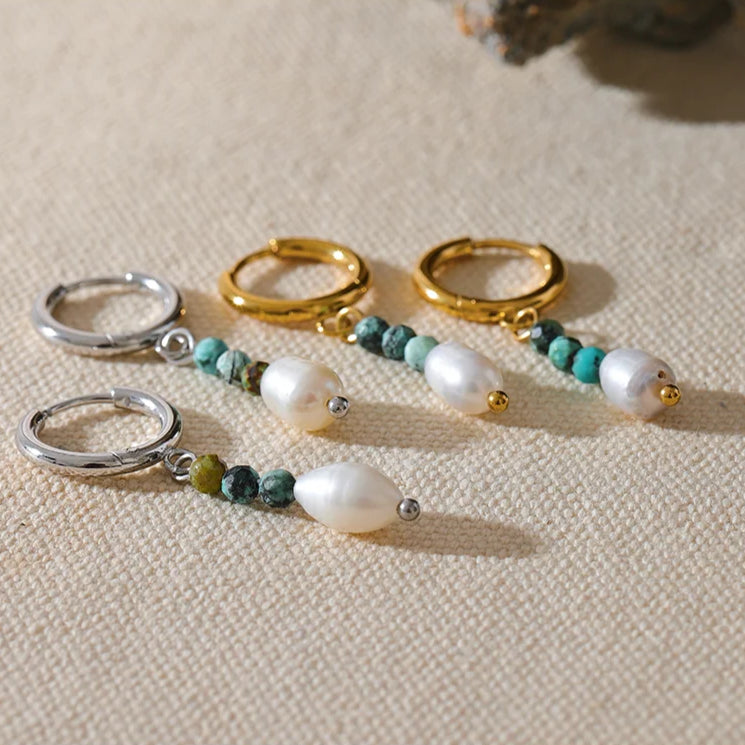 shell earrings- gold pearl earrings-Turquoise Hoop-  Pearl Drop Earrings-shell jewelry
