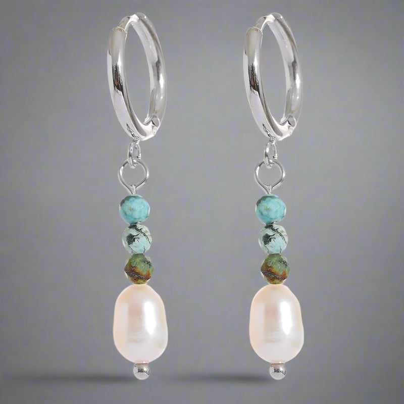 shell earrings- gold pearl earrings-Turquoise Hoop-  Pearl Drop Earrings-shell jewelry