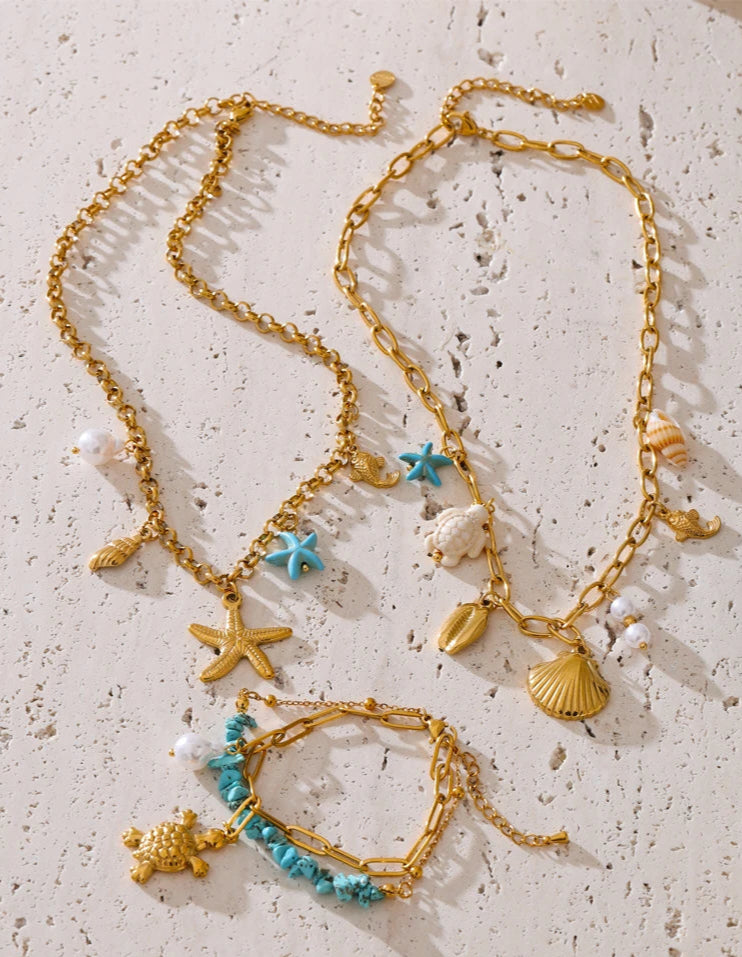 Starfish & Conch Charm Necklaces-shell bracelet-shell jewelry-turquoise bracelet-chain bracelet-beach style-bohemian jewelry-boho style-shell necklaces