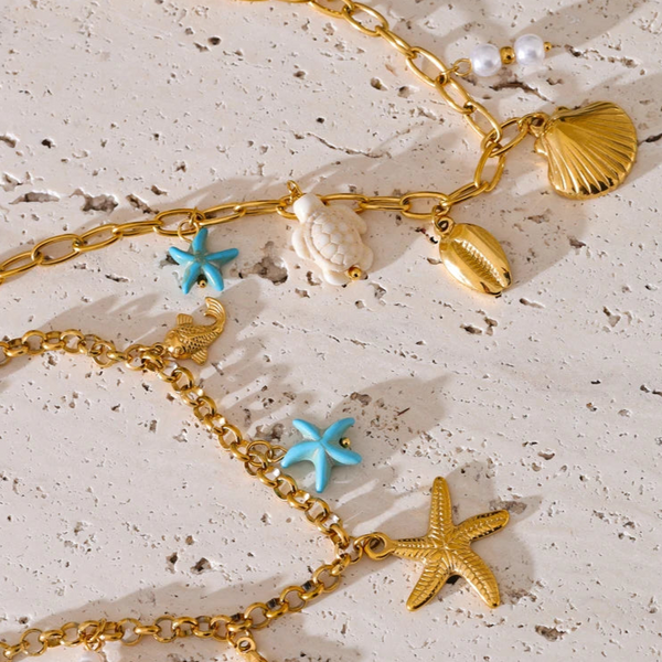 Starfish & Conch Charm Necklaces-shell bracelet-shell jewelry-turquoise bracelet-chain bracelet-beach style-bohemian jewelry-boho style-shell necklaces