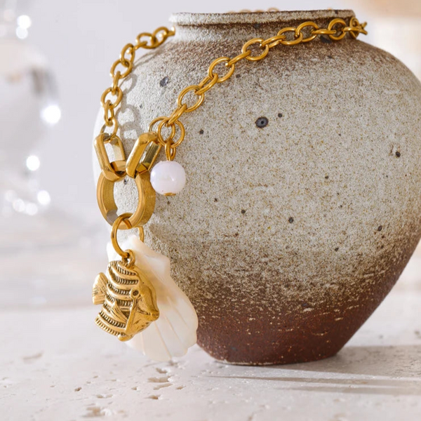mother-of-pearl shell bracelet-charm bracelet-shell jewelry-gold bracelet golden bracelet