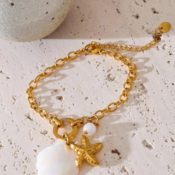 mother-of-pearl shell bracelet-charm bracelet-shell jewelry-gold bracelet golden bracelet-starfish bracelet