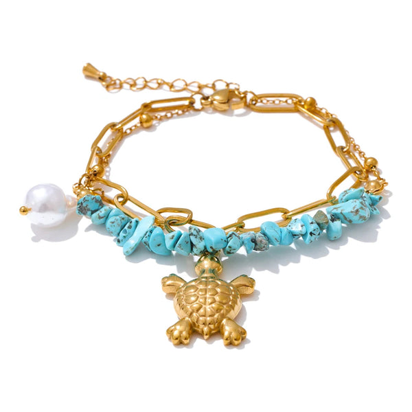 Turtle Charm Bracelet-shell bracelet-shell jewelry-turquoise bracelet-chain bracelet-beach style-bohemian jewelry-boho style