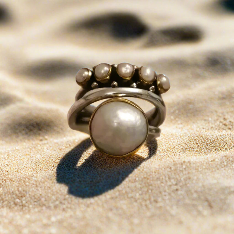 Vintage Boho Chic Pearl Ring-Pearl ring-shell ring-sterling silver pearl ring-boho chic style-bohemian jewelry