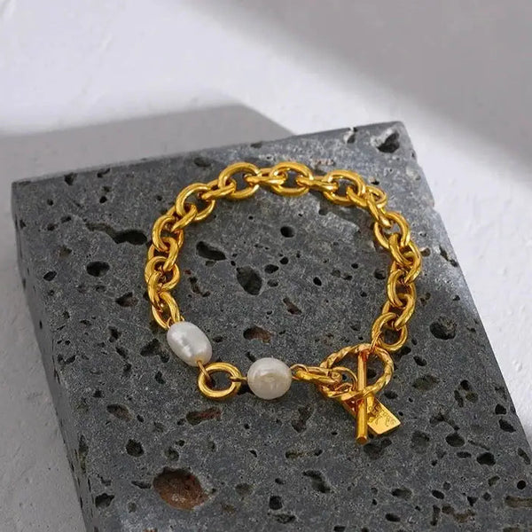 Charm Pearl Link Bracelet--pearl bracelet-shell bracelet-shell jewelry-boho chic bracelet