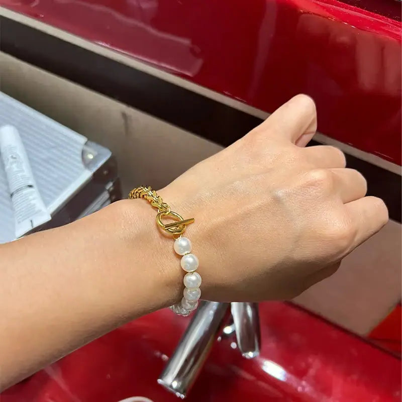 Chic Pearl Toggle Bracelet-gold chain pearl bracelet-shell bracelet-shell jewelry-pearl bracelet-boho chic style wedding bracelet-silver chain pearl bracelet