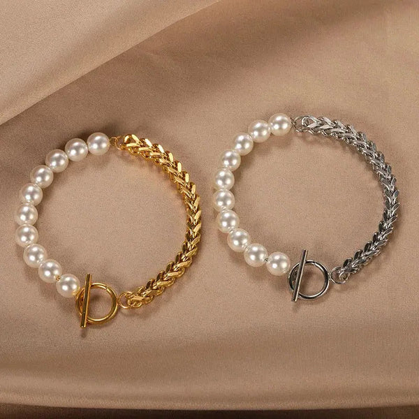 Chic Pearl Toggle Bracelet-gold chain pearl bracelet-shell bracelet-shell jewelry-pearl bracelet-boho chic style wedding bracelet-silver chain pearl bracelet