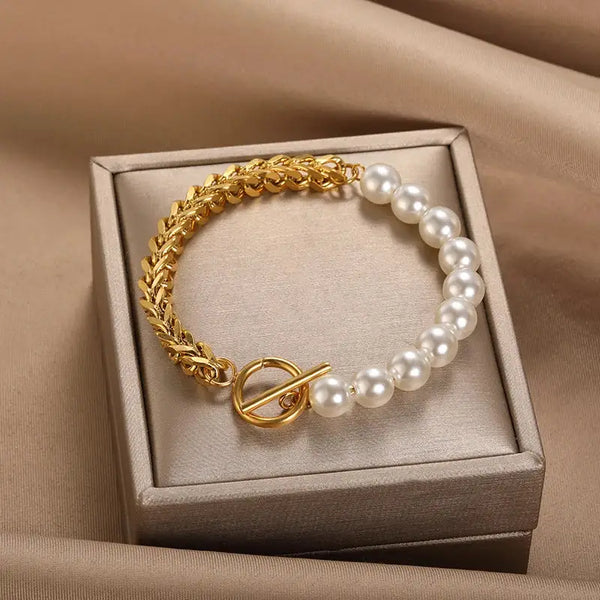 Chic Pearl Toggle Bracelet-gold chain pearl bracelet-shell bracelet-shell jewelry-pearl bracelet-boho chic style wedding bracelet