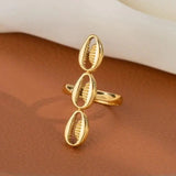Cowrie Charm Open Ring-golden owrie ring-gold cowrie ring-shell ring-shell jewelry-beach outfit ring-beach style-boho style-bohemian jewelry