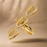 Cowrie Charm Open Ring-golden owrie ring-gold cowrie ring-shell ring-shell jewelry-beach outfit ring-beach style-boho style-bohemian jewelry