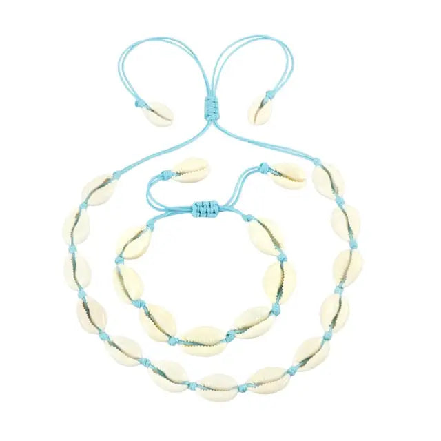 Cowrie Necklace and Bracelet Set - Blue-bracelet-shell necklace- 
coastal look-beach style-shell jewerly-
shell earrings-seashell jewelry-boho look-cowrie jewelry-cowrie bracelet-cowrie necklace