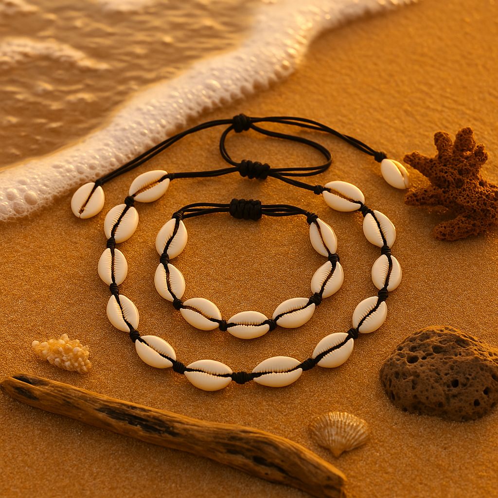 Cowrie Necklace and Bracelet Set - black-bracelet-shell necklace- 
coastal look-beach style-shell jewerly-
shell earrings-seashell jewelry-boho look-cowrie jewelry-cowrie bracelet-cowrie necklace