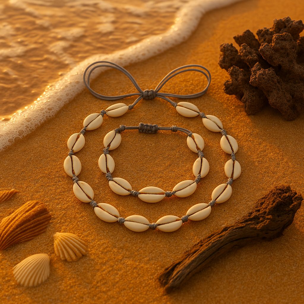 Cowrie Necklace and Bracelet Set - grey
-bracelet-shell necklace- 
coastal look-beach style-shell jewerly-
shell earrings-seashell jewelry-boho look-cowrie jewelry-cowrie bracelet-cowrie necklace