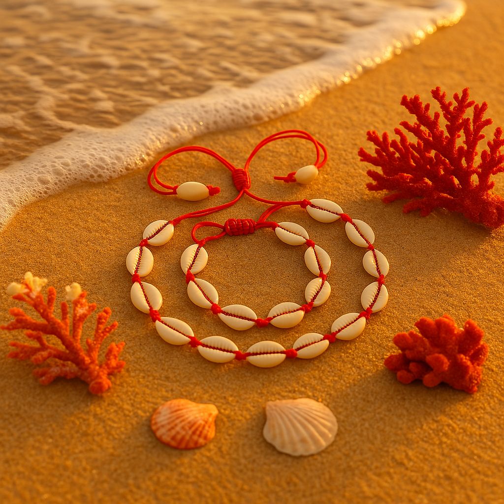 Cowrie Necklace and Bracelet Set - red-bracelet-shell necklace- 
coastal look-beach style-shell jewerly-
shell earrings-seashell jewelry-boho look-cowrie jewelry-cowrie bracelet-cowrie necklace
