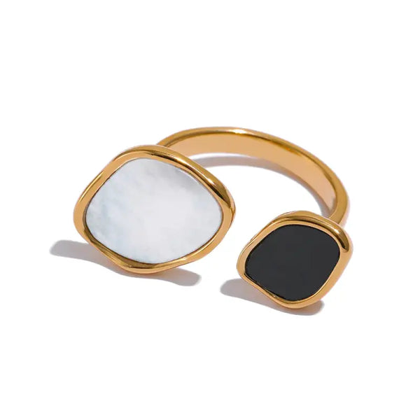 Dual Tone Shell Inlay Ring - Golden nacre ring-nacre shell ring-mother of pearl golden ring dual stone-wedding ring-boho chic style-bohemian jewelry-shell ring-shell jewelry