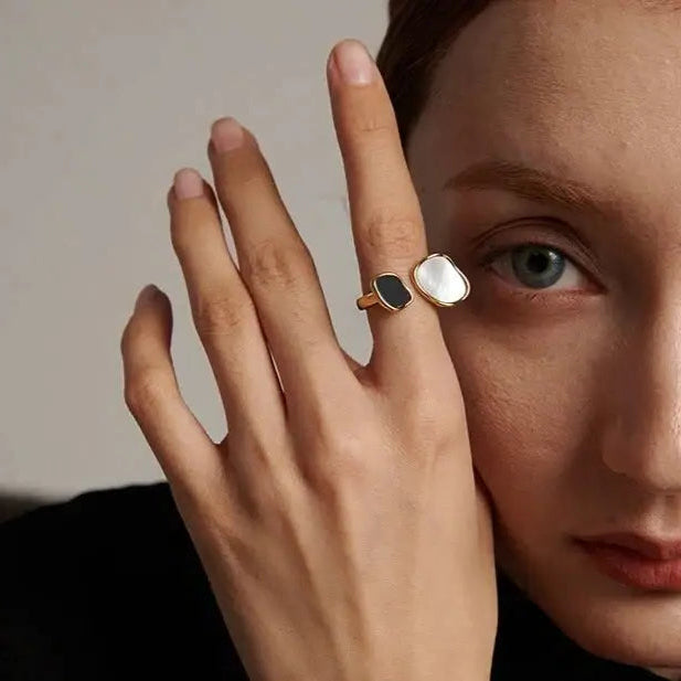 Dual Tone Shell Inlay Ring - Golden nacre ring-nacre shell ring-mother of pearl golden ring dual stone-wedding ring-boho chic style-bohemian jewelry-shell ring-shell jewelry