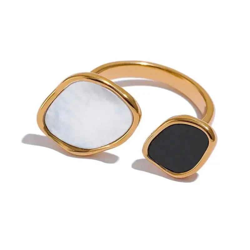 Dual Tone Shell Inlay Ring - Golden nacre ring-nacre shell ring-mother of pearl golden ring dual stone-wedding ring-boho chic style-bohemian jewelry-shell ring-shell jewelry