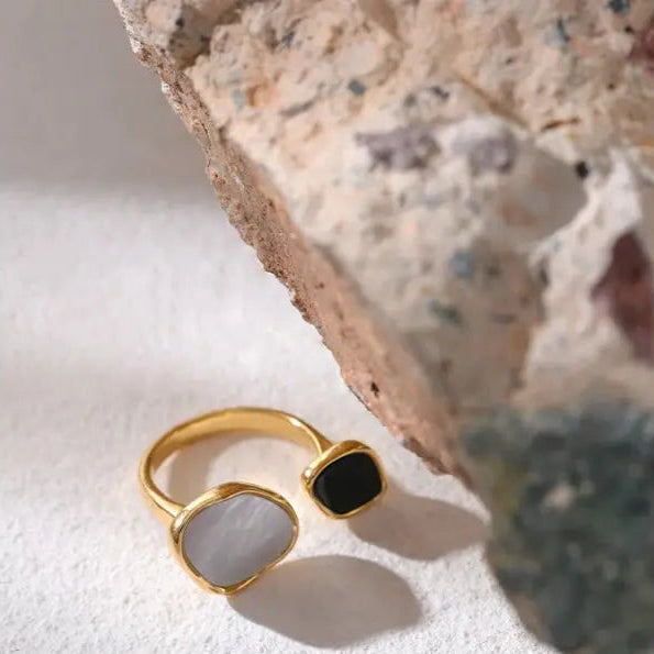 Dual Tone Shell Inlay Ring - Golden nacre ring-nacre shell ring-mother of pearl golden ring dual stone-wedding ring-boho chic style-bohemian jewelry-shell ring-shell jewelry