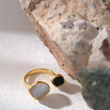 Dual Tone Shell Inlay Ring - Golden nacre ring-nacre shell ring-mother of pearl golden ring dual stone-wedding ring-boho chic style-bohemian jewelry-shell ring-shell jewelry