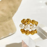 Gold Beaded Cluster Pearl Ring-shell ring-shell jewelry-boho style-bohemian jewelry-wedding style ring
