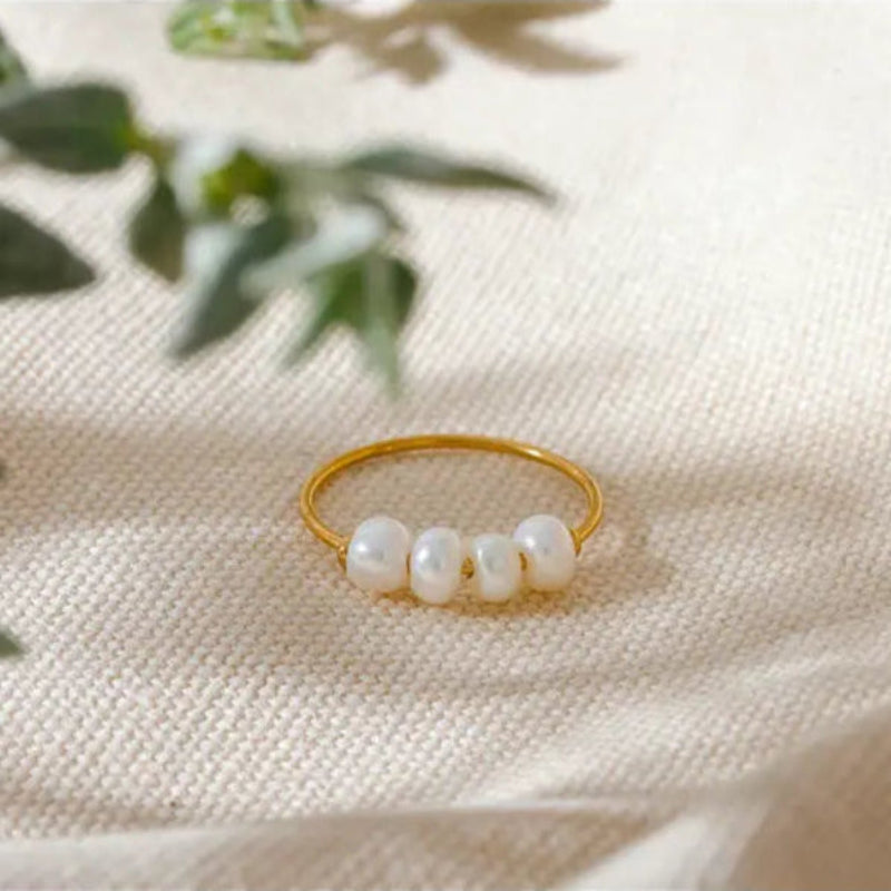 Gold Four-Pearl Band Ring-golden band pearl ring-four pearls golden ring-shell ring-shell jewelry-beach outfit ring-beach style-boho style-bohemian jewelry-wedding style ring