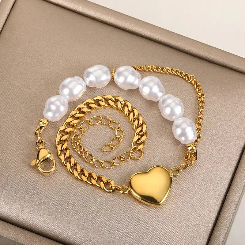 heart accent pearl bracelet-shell bracelet -shell jewelry-pearl bracelet-boho chic style