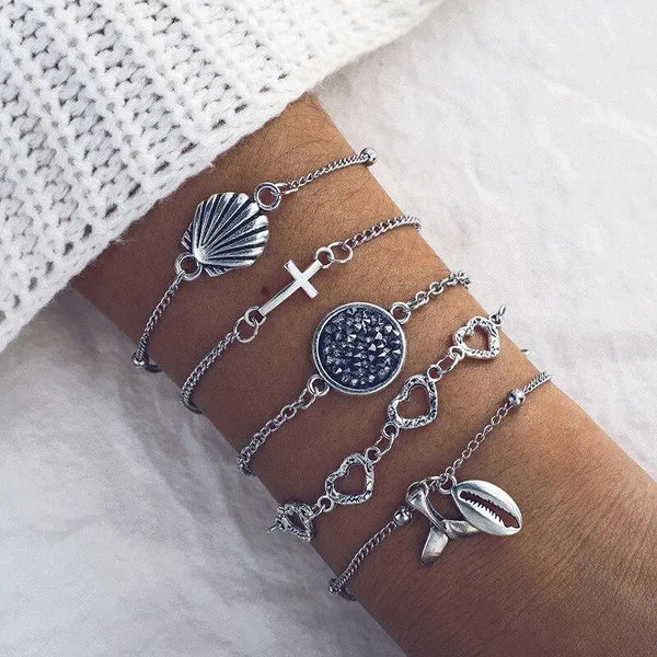 Marine Shells  Bracelets- shell bracelet-shell jewelry- silver cowri bracelet-conch bracelet layered bracelet