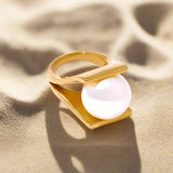 Modern Pearl Orbit Ring-golden pearl ring-pearl ring-shell ring-shell jewelry-beach outfit ring-beach style-boho style-bohemian jewelry-wedding style ring