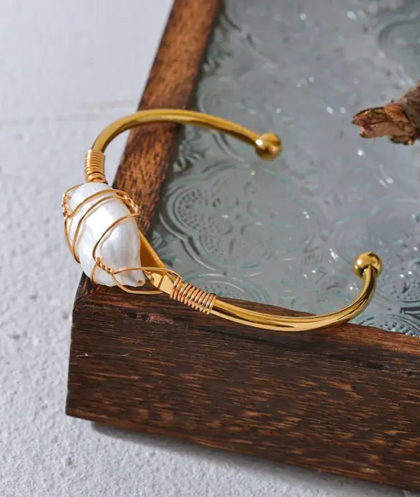Pearl Embrace Wire Cuff Bracelet-shell bracelet-shell jewelry-pearl bracelet-seashell bracelet-wedding bracelet-boho chic style-bohemian jewelry