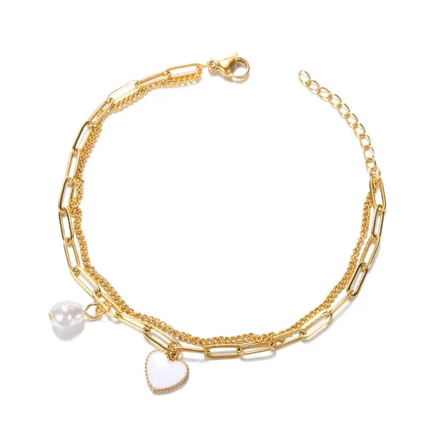 pearl heart layered  bracelet-shell bracelet -shell jewelry-pearl bracelet-boho chic style-bohemian jewelry