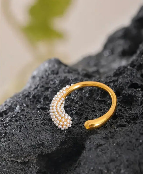 Pearly Bead Open Cuff Ring- pearl ring-gold ring-shell ring-shell jewelry-beach outfit ring-beach style-boho style-bohemian jewelry-wedding style ring