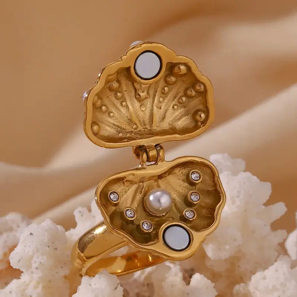 seashell-gleam-pearl-ring-shell ring-shell jewelry-pearl and zircon ring-beach style-boho chic style