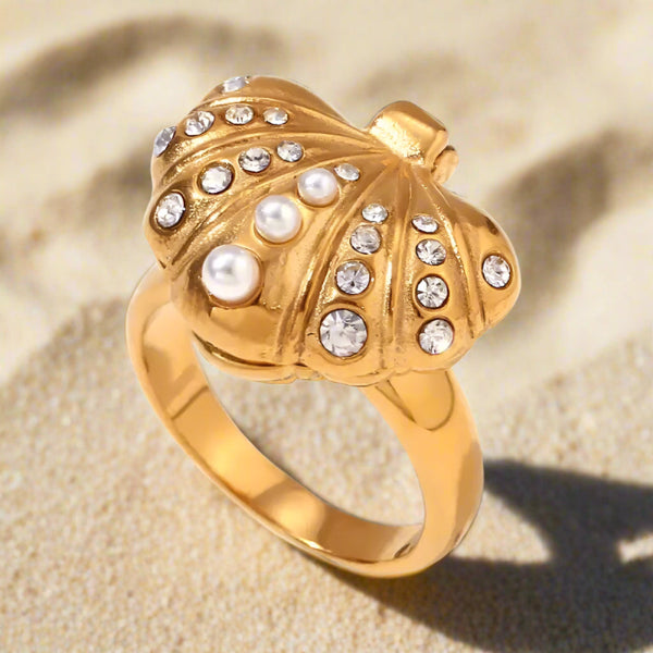 seashell-gleam-pearl-ring-shell ring-shell jewelry-pearl and zircon ring-beach style-boho chic style