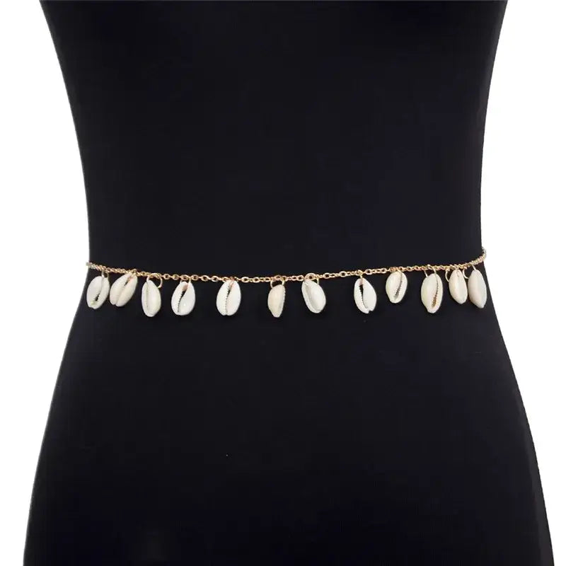 White Shell Chain-Shell Belly Chain-cowrie belly chain-shell jewelry-boho style- beach outfit-beach wear-beach jewelry