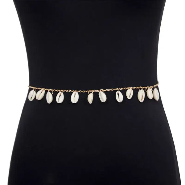 White Shell Chain-Shell Belly Chain-cowrie belly chain-shell jewelry-boho style- beach outfit-beach wear-beach jewelry