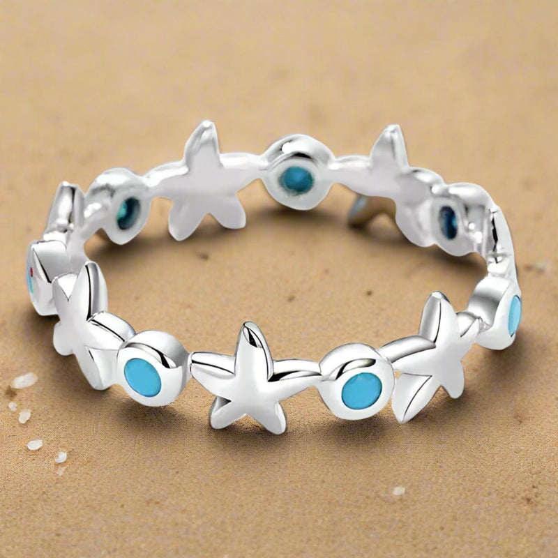starfish-blue-harmony-ring- sterling silver starfish ring-silver shell ring- -shell ring-shell jewelry-beach outfit ring-beach style-boho style-bohemian jewelry