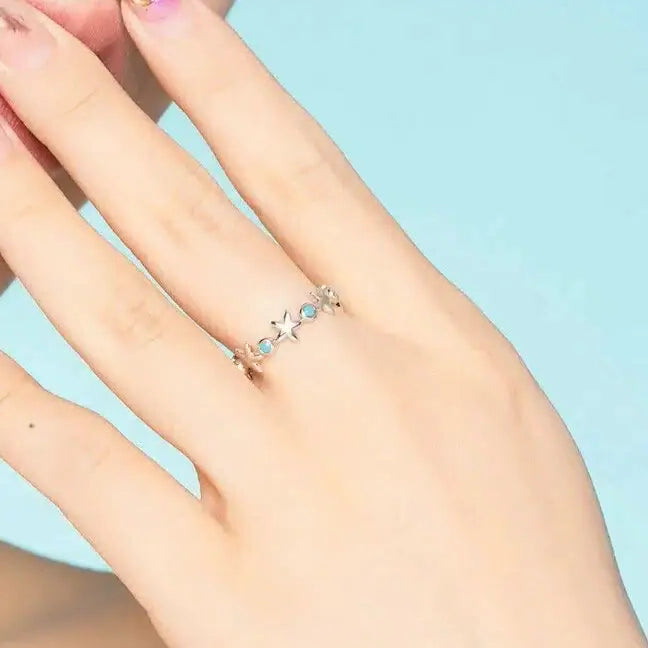 starfish-blue-harmony-ring- sterling silver starfish ring-silver shell ring- -shell ring-shell jewelry-beach outfit ring-beach style-boho style-bohemian jewelry