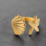 golden starfish and clamshell ring-shell ring-shell jewelry-beach outfit ring-beach style-boho style-bohemian jewelry
