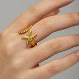 golden starfish and clamshell ring-shell ring-shell jewelry-beach outfit ring-beach style-boho style-bohemian jewelry
