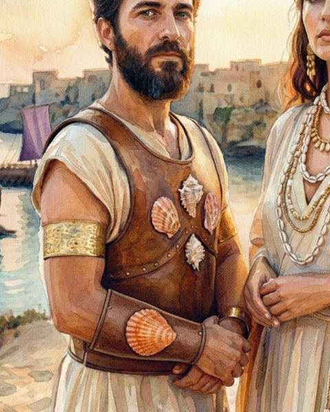 sandy dune overlooking a turquoise lagoon, a Phoenician noble man and woman wearing layered with cowrie shell neclace stand 