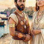 sandy dune overlooking a turquoise lagoon, a Phoenician noble man and woman wearing layered with cowrie shell neclace stand 