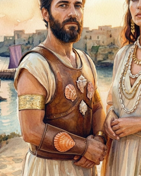 sandy dune overlooking a turquoise lagoon, a Phoenician noble man and woman wearing layered with cowrie shell neclace stand 