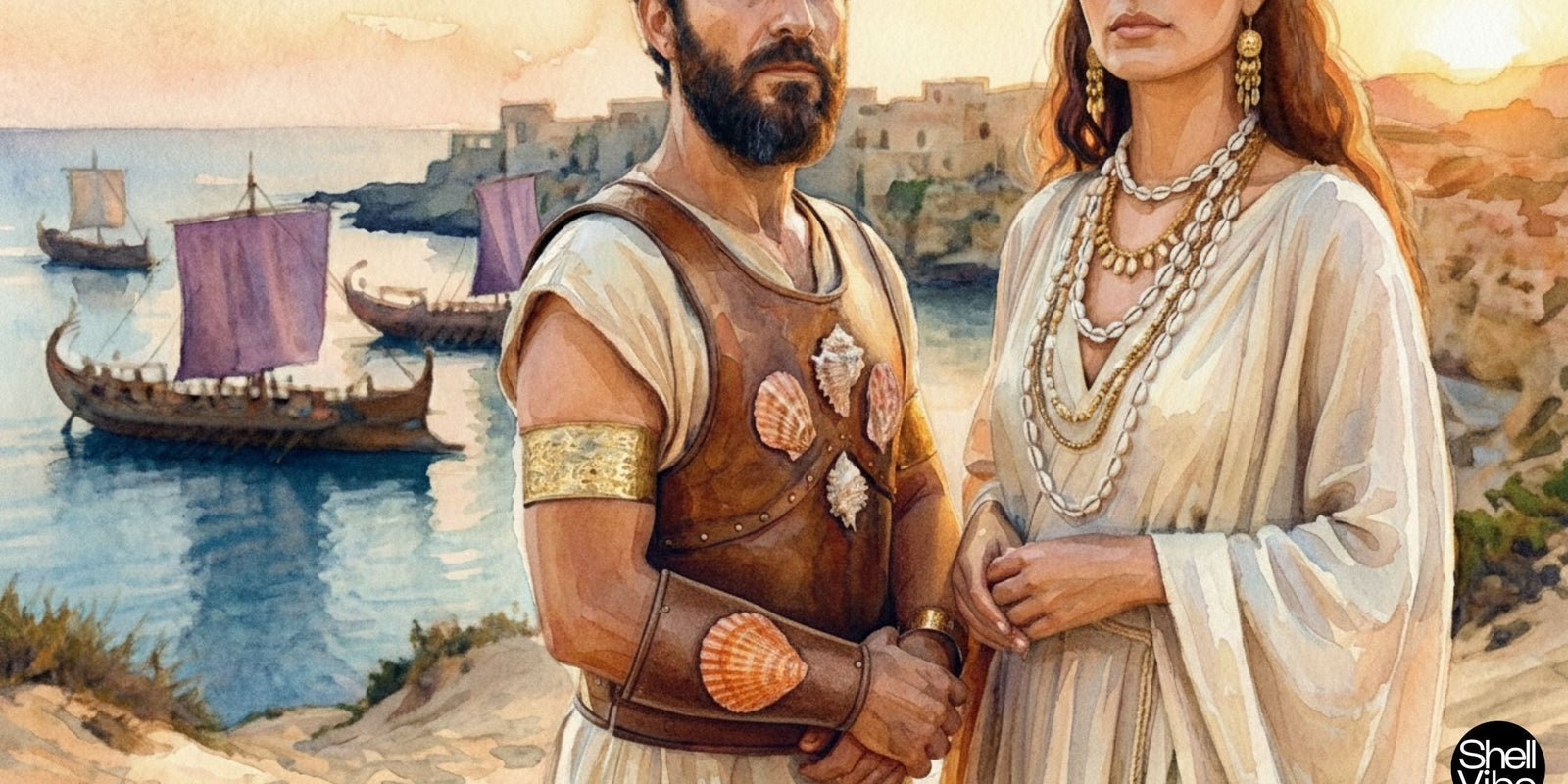 sandy dune overlooking a turquoise lagoon, a Phoenician noble man and woman wearing layered with cowrie shell neclace stand 