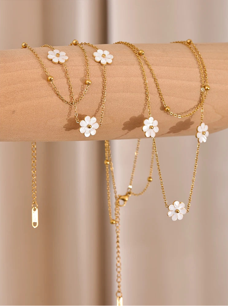 Blossom Gold Daisies Layered Shell Necklace & Anklet-shell ankelt-shell necklace-nacre necklace-nacre anklet-shell jewelry-
