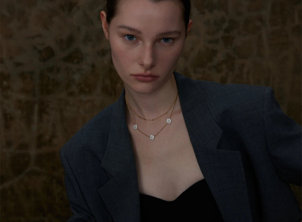 Blossom Gold Daisies Layered Shell Necklace & Anklet-shell ankelt-shell necklace-nacre necklace-nacre anklet-shell jewelry-