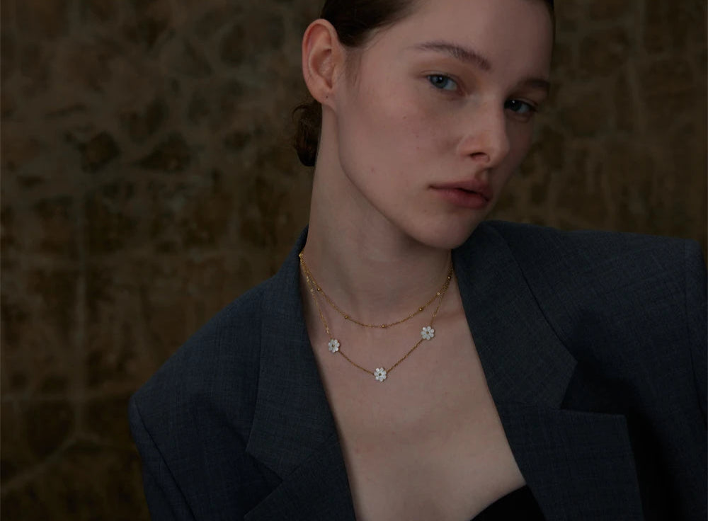 Blossom Gold Daisies Layered Shell Necklace & Anklet-shell ankelt-shell necklace-nacre necklace-nacre anklet-shell jewelry-