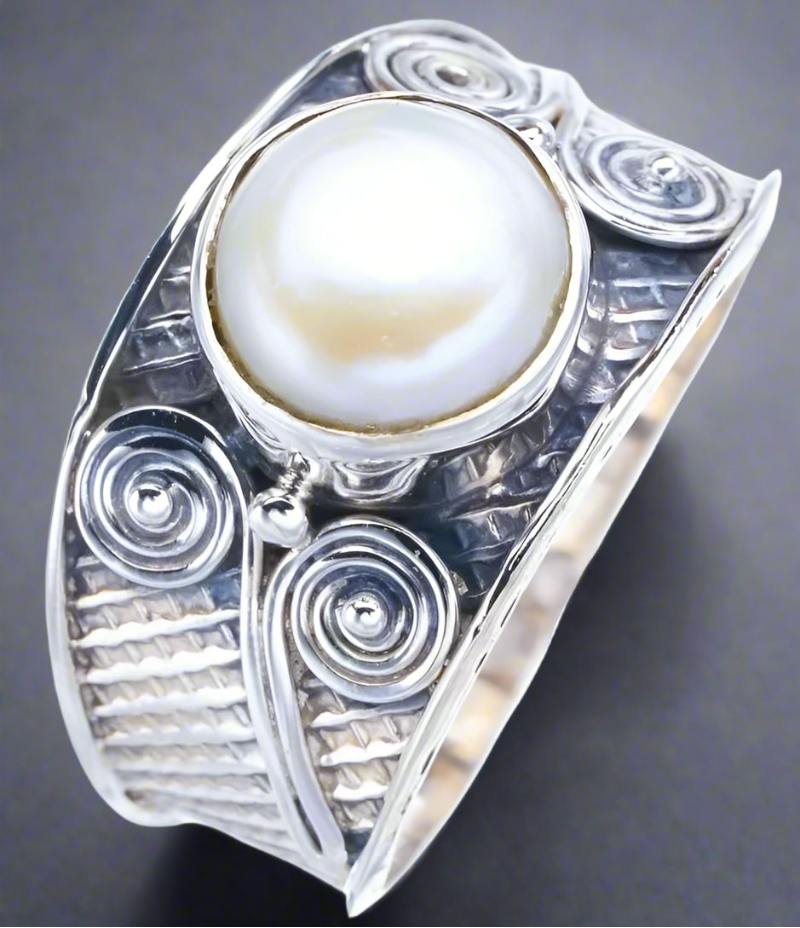 Bohemian Spirit Pearl Ring on finger-silver bohemian pearl ring-boho style pearl ring-shell ring