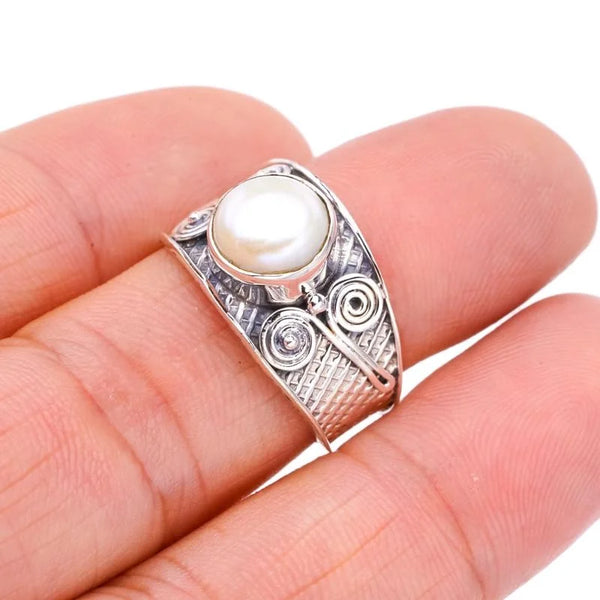 Bohemian Spirit Pearl Ring on finger-silver bohemian pearl ring-boho style pearl ring-shell ring